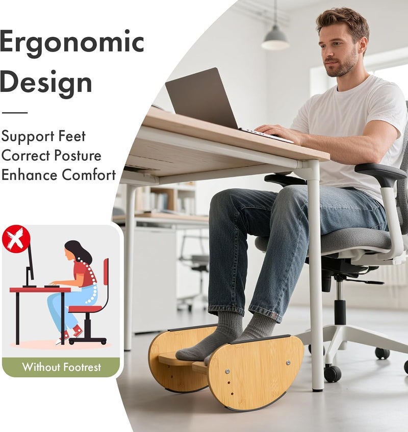Amazer Bamboo Foot Rest for Under Desk at Work, 2-in-1 Reversible Rocking Footrest Adjustable Foot Stool, Ergonomic Footrest for Under Gaming Desk, Feet Support Leg Footstools for Home Office - Image 3